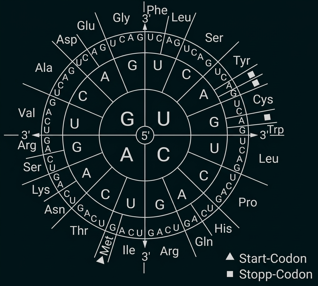 Kreisdiagramm zeigt den genetischen Code mit RNA-Codons und den zugehörigen Aminosäuren.